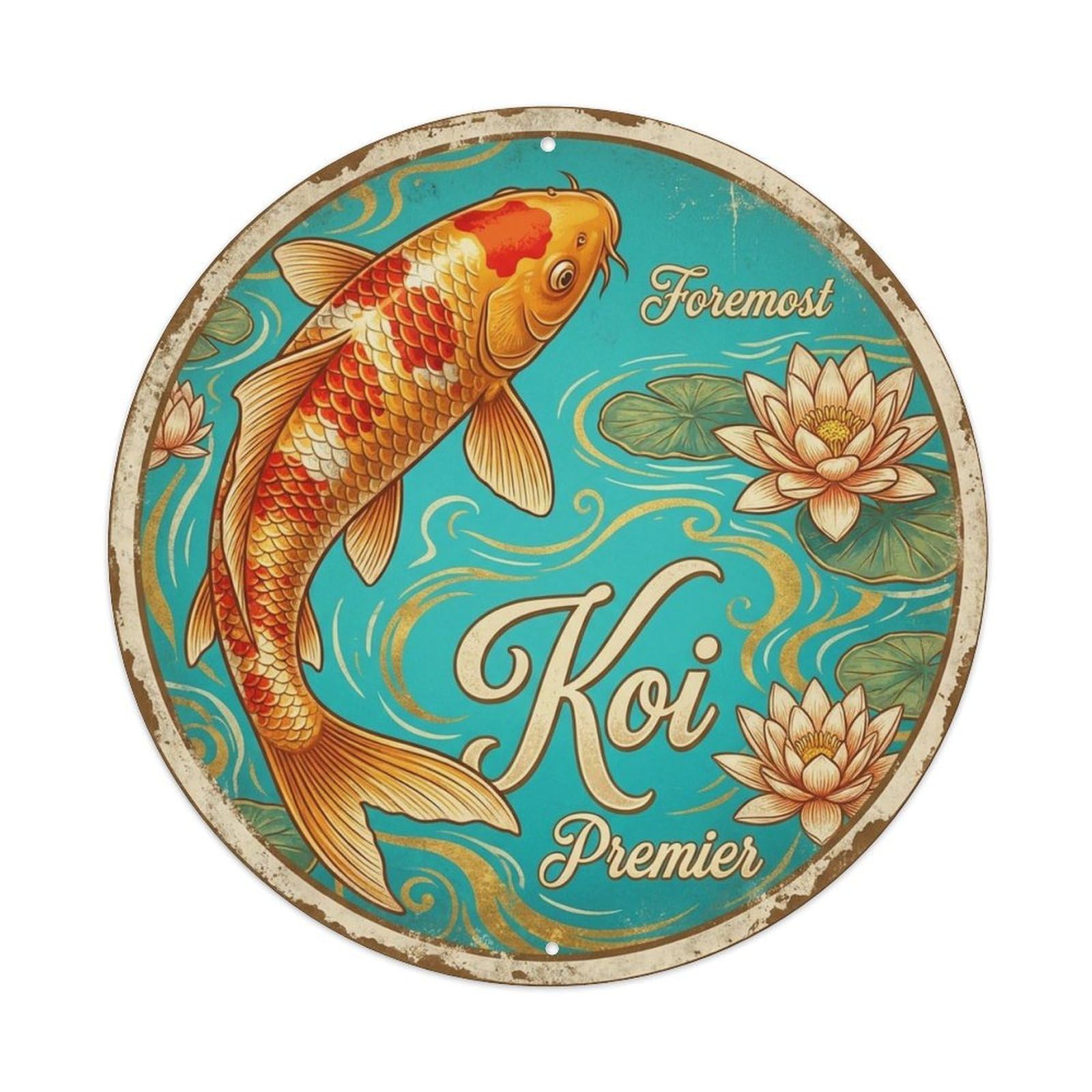 Japanese Koi Retro Illustration Foremost Metal Tin Sign Plaque Wall Decor for Cafe, Man Cave, Club Bar, Office, Home Garden Round Metal Poster 8x8Inch