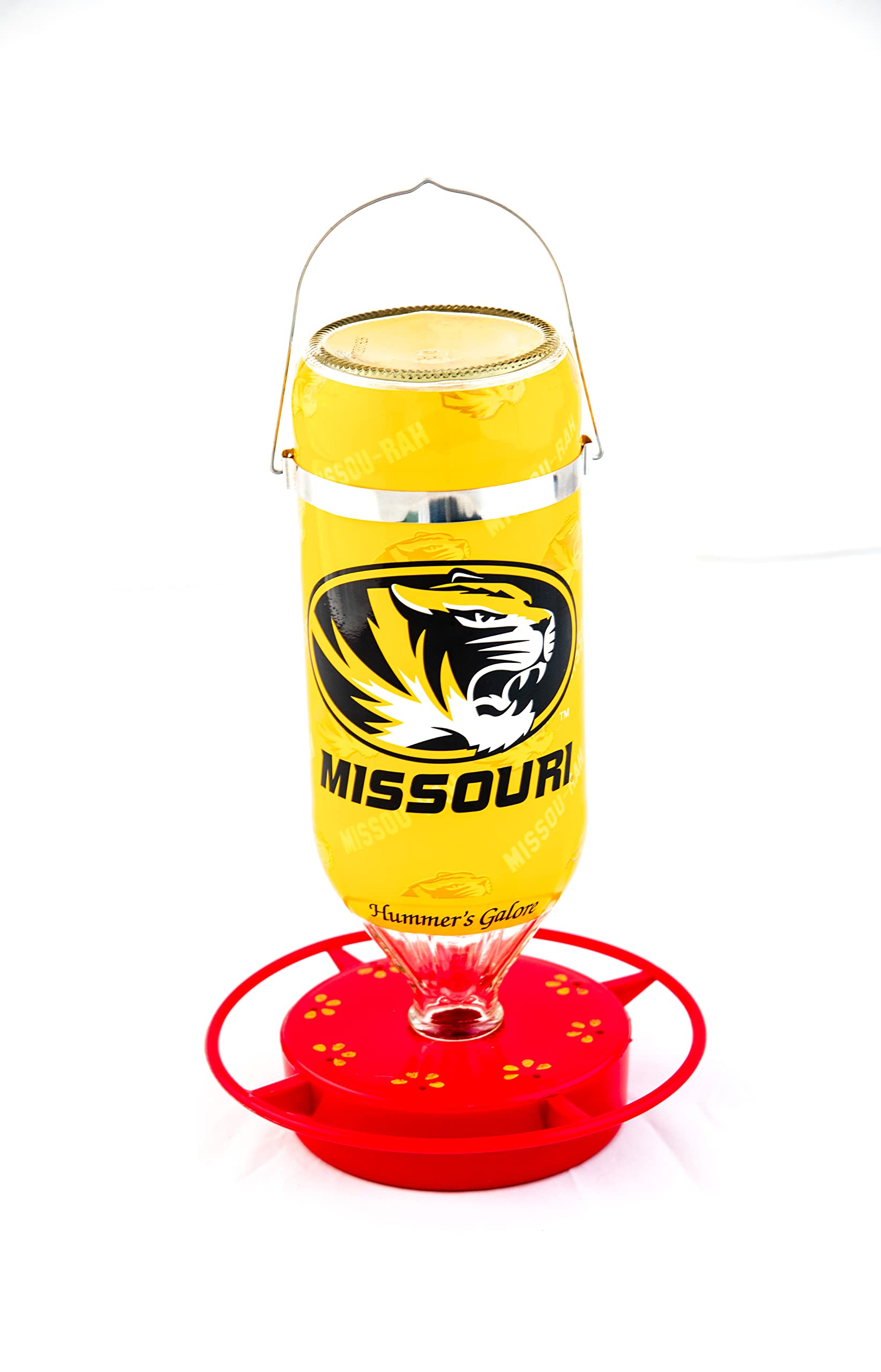 Hummer's Galore, NCAA College Football Hummingbird Feeder, Glass Hummingbird Feeder with UV Resistant Plastic Wrap for Outdoors Hanging, 32 oz, (Mizzou)