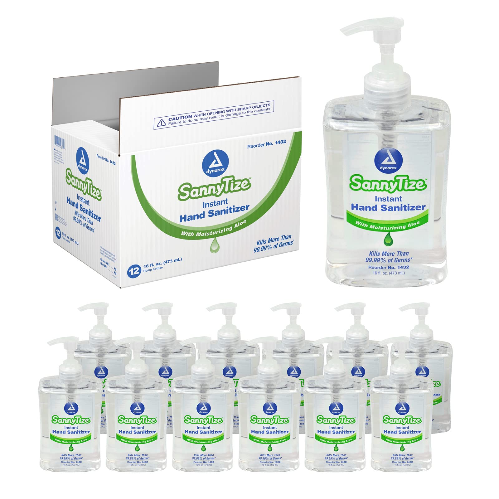 Dynarex SannyTize Hand Sanitizer Gel – 16 oz. Square Bottle w/Pump, Infused with Aloe Vera & Eliminates 99% of Common Germs, Clear, 1 Box of 12