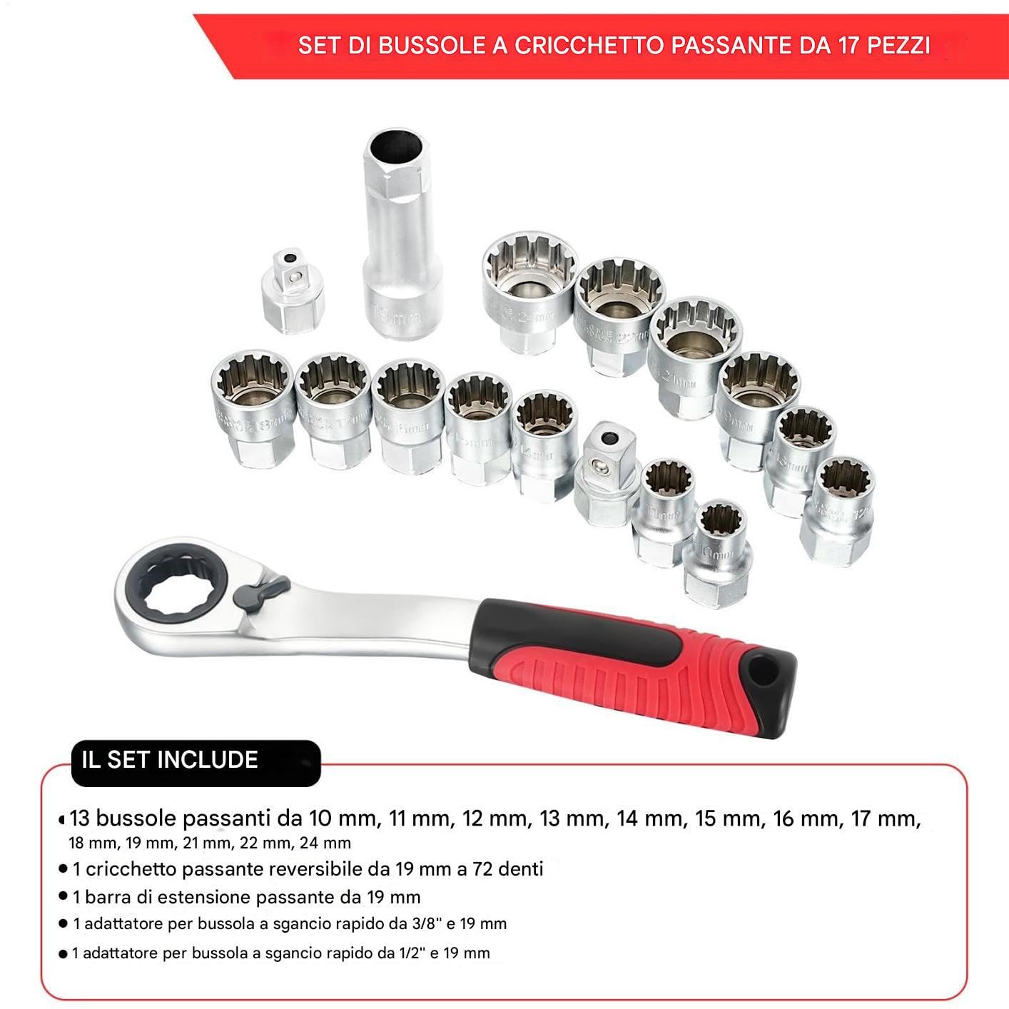 Generico Set Bussole A Cricchetto Kit Attrezzi Manuali Compatto Portatile | Set Chiave A Cricchetto E Bussole Drive per Manutenzione Veicoli, Riparazione Elettrodomestici, Lavori Idraulici,