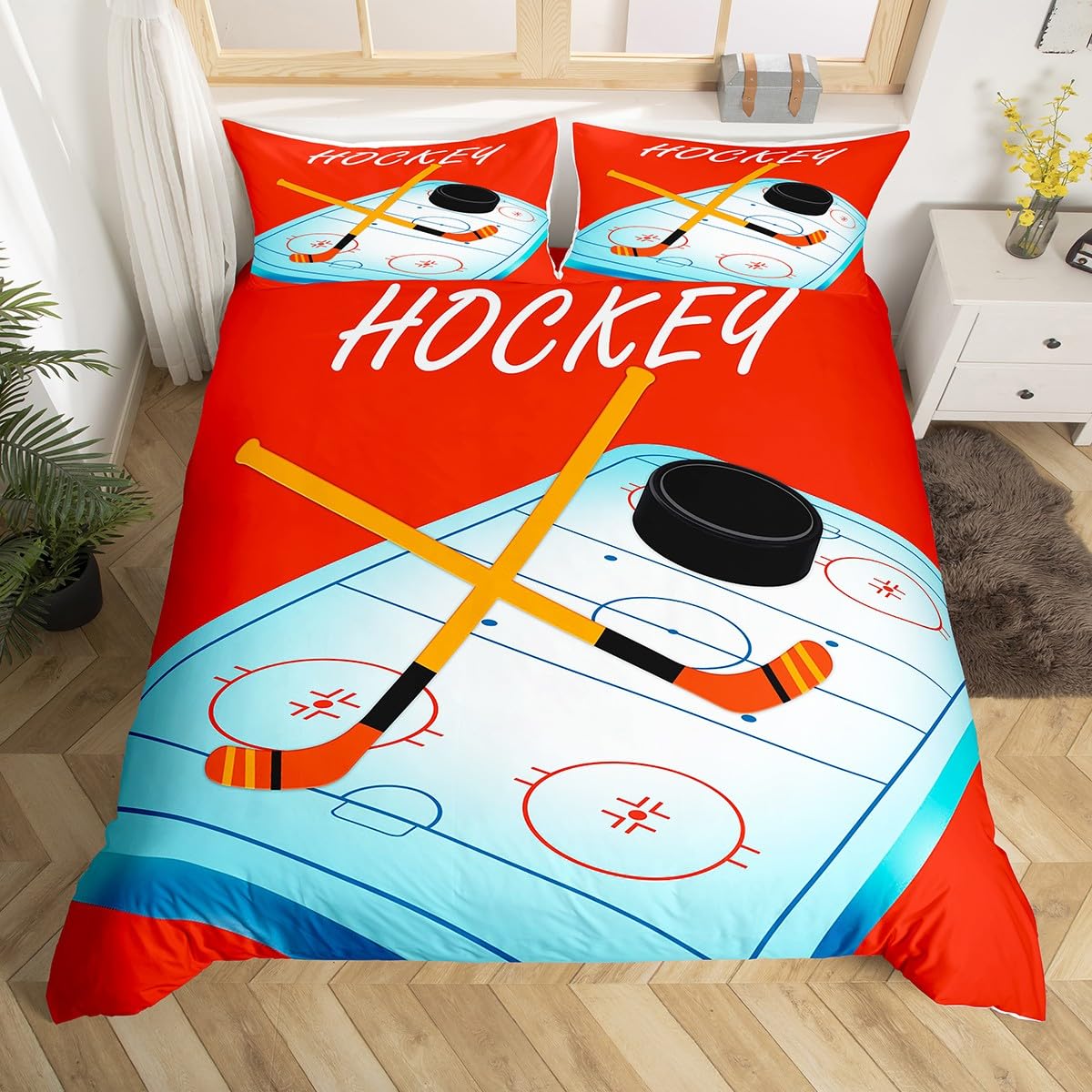 Homewish Zestaw pościeli King do hokeja na lodzie, sportowa poszewka na kołdrę dla chłopców, dzieci, nastolatków, zestaw pościeli z motywem krążka hokejowego, poszewka na kołdrę do gier, 3-częściowa