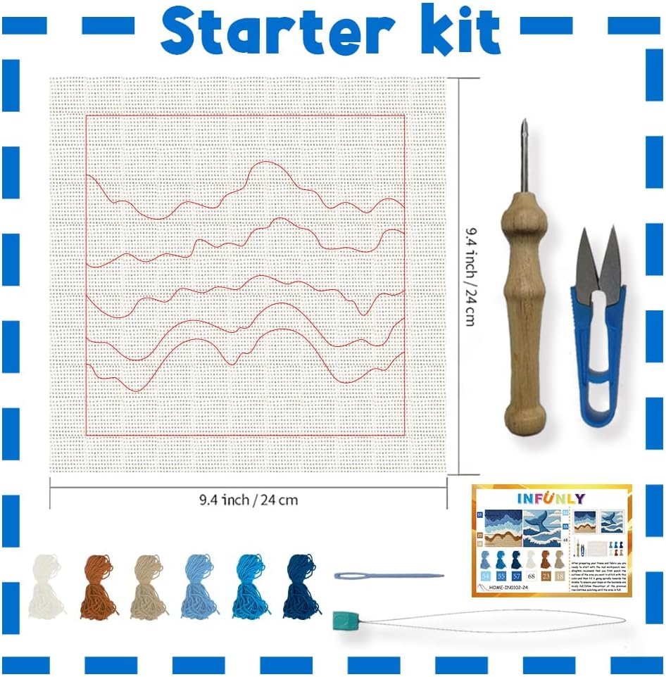 INFUNLY 2 Set Waves Ocean Punch Needle Kit for Beginners Whale Tail Punch Needle Embroidery Kits for Adults 9.4×9.4 Inch DIY Punch-Stitching Kit with Instruction Threader Needles Frame for Wall Decor