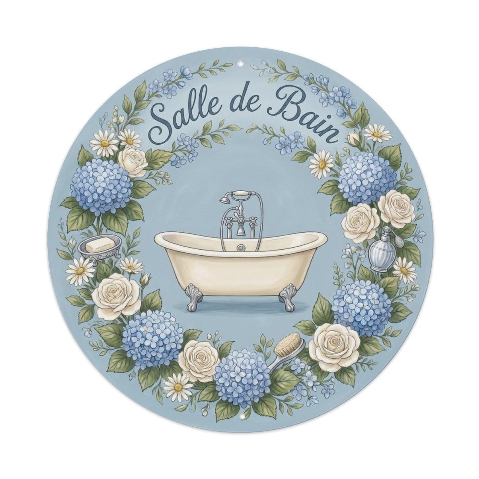Yrnq Vintage Style Salle Hydrangea Shabby Spa Bathroom Vintage Metal Tin Sign Plaque Wall Decor For Cafe, Club, Garden Round Metal Poster 8X8inch