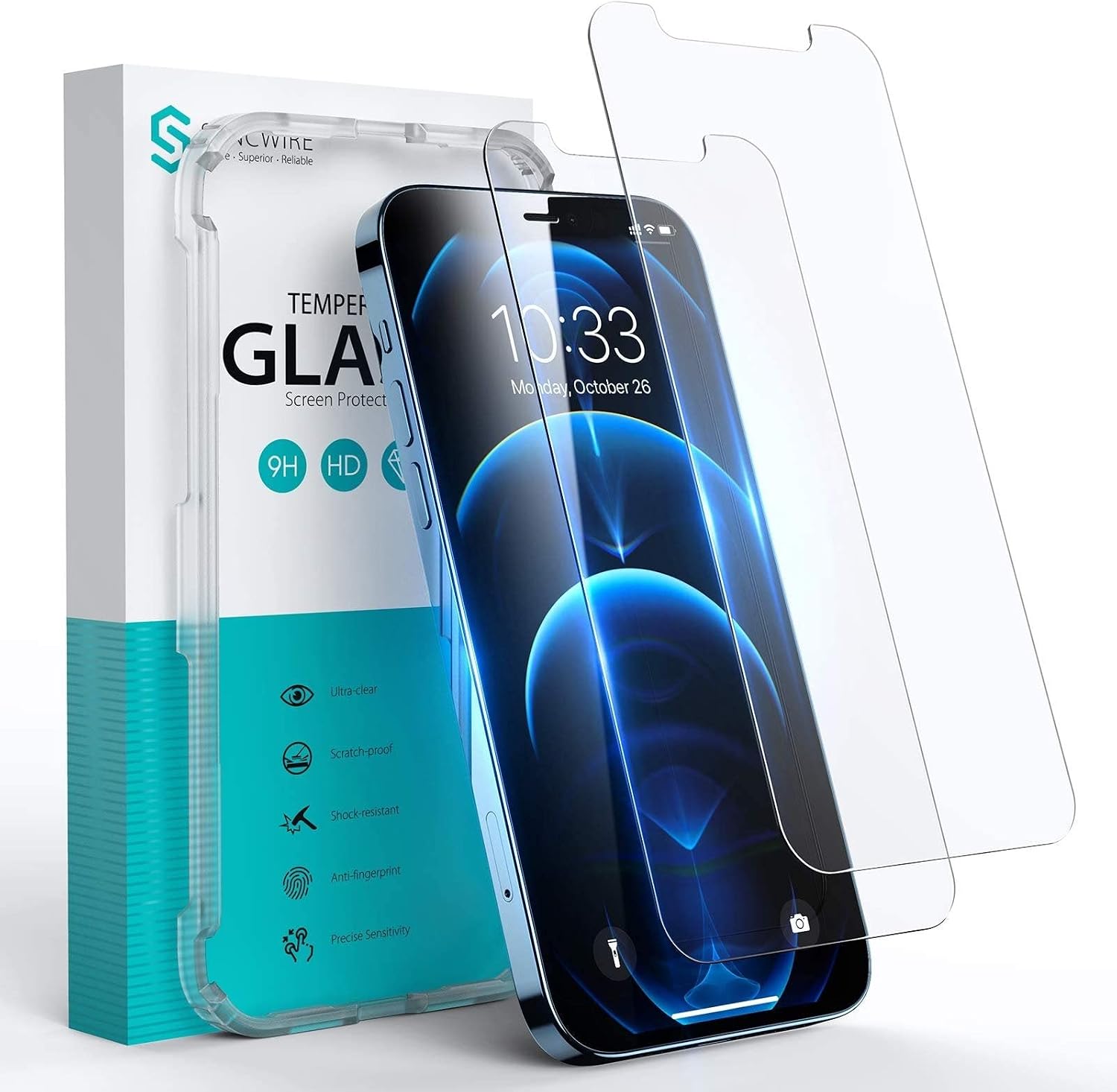 Syncwire Shatterproof Screen Protector for iPhone 12 Pro Max 6.7" [2 Pack], Tempered Glass Film with Auto Alignment Tool [Easy Installation, 99% HD Clear, 9H Hardness, Bubble Free, Sensitive Touch, Anti-Smudge, 6X Stronger]