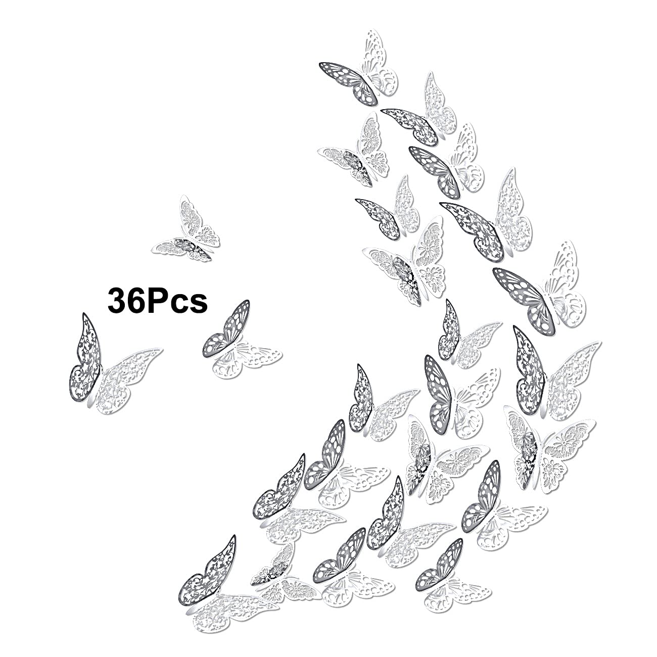 Luxbon 36pcs 3D Butterfly Wall Sticker 3 Styles and 3 Sizes Butterfly Wall Decor for Home Bedroom Party Wedding Decors(Silver)