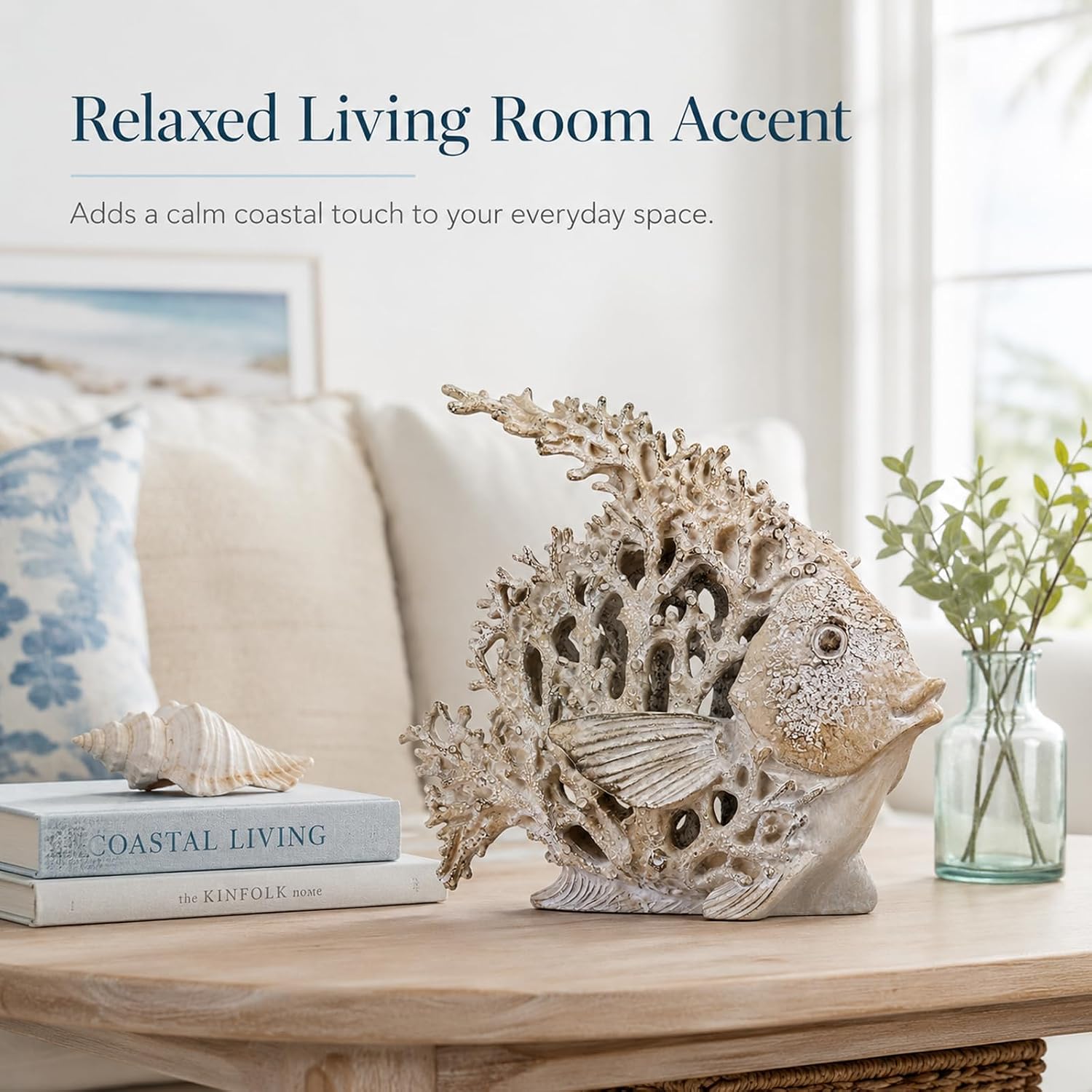Beach Coastal Decor – 7.3in White Coral Fish Statue, Nautical Coral Reef Figurine for Living Room, Bathroom, Shelf, Desk or Coffee Table, Modern Ocean Accent & Beach House Gift image 5