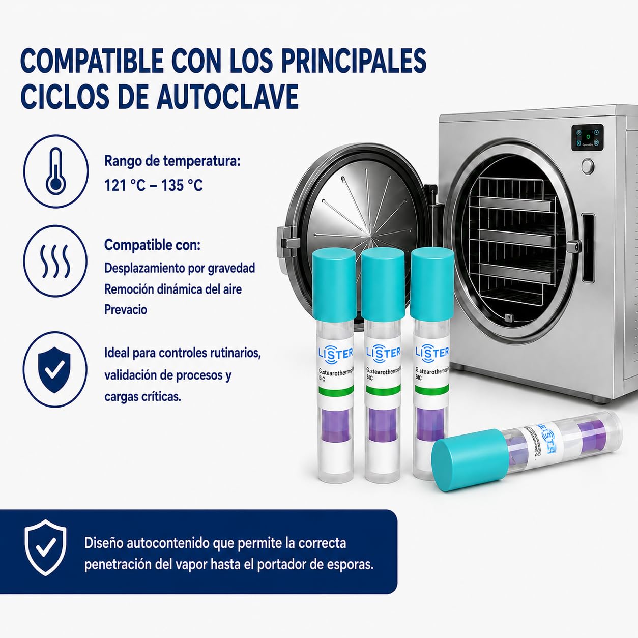 IPO IMPORT ODONTOLOGY - Indicador Biológico LBS144 para Esterilización por Vapor 25Pcs - Autoclave 121-135 °C - Geobacillus Stearothermophilus ATCC 7953 - Resultado en 24 h - Control ISO 11138.