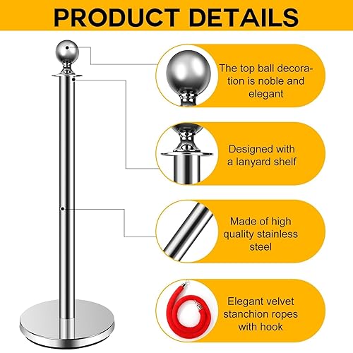 Miniatura 4 de Poste de puntal de acero inoxidable, cuerdas y postes de alfombra roja de terciopelo de 5 pies, base hueca y cuerdas de seguridad, soportes y