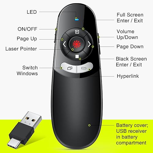 Vista 36 de Presentation Clicker puntero láser verde, recargable PowerPoint Clicker Wireless Presenter Remote, RF 2.4GHz USB Presentation Pointer Slide Advancer