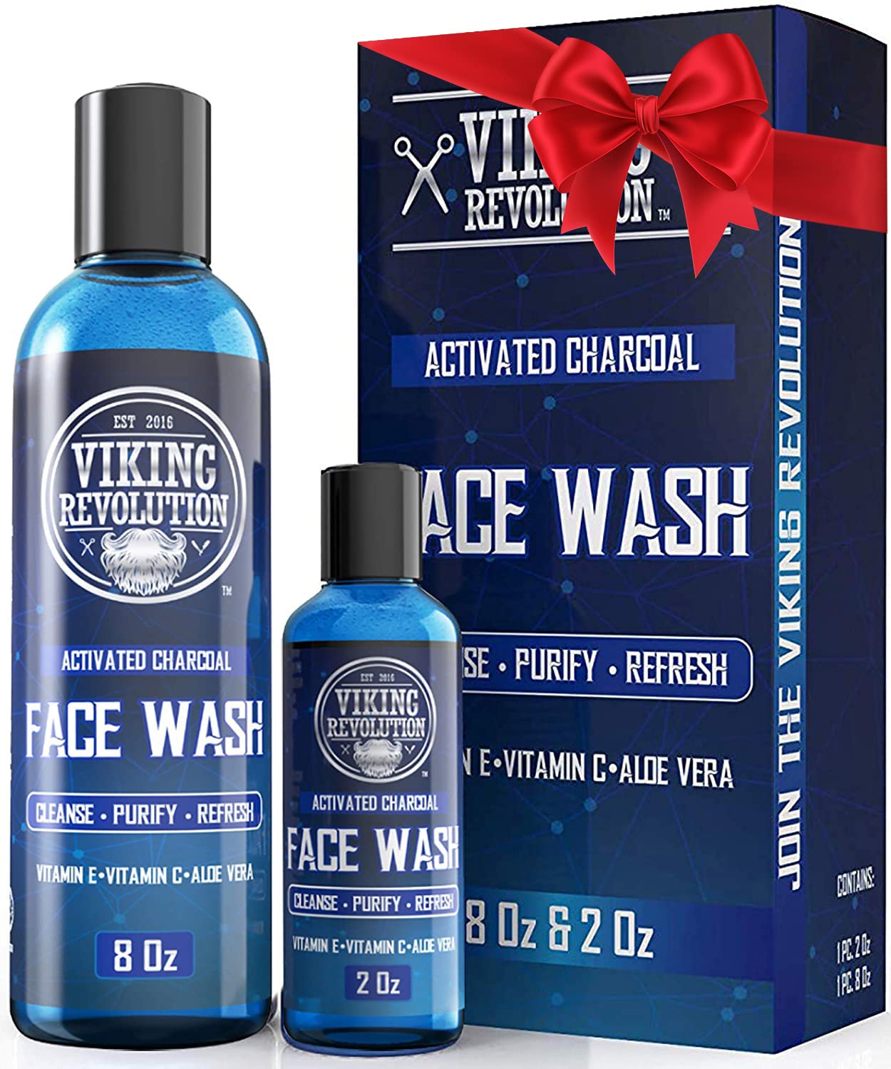 Viking Revolution Charcoal Face Wash for Men- Scrub Away Dirt and Toxins, Skin Cleaning Agent - Cleanse, Purify and Refresh - Daily Charcoal Facial Cleanser - 8 Fl Oz plus a 2 Fl Oz, 2 Piece Set