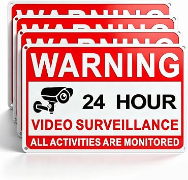 4 Pack Video Surveillance Signs, 24hr Monitoring No Trespassing Camera Sign