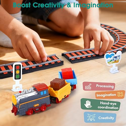 Miniatura 5 de Juego de tren eléctrico 2 en 1 para niños, juego de pistas de tren para niños de 3, 4, 5, con luces y sonido, pistas de coche, juguete de pista de