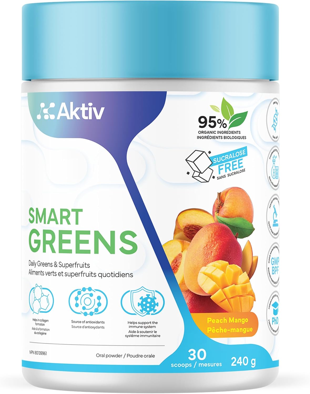 Aktiv Greens & Superfruits Powder – Peach Mango | Daily Greens Blend with Organic Superfoods | 95% Organic Ingredients, Sucralose Free, No Artificial Flavours or Colours | Made in Canada | 30 Servings