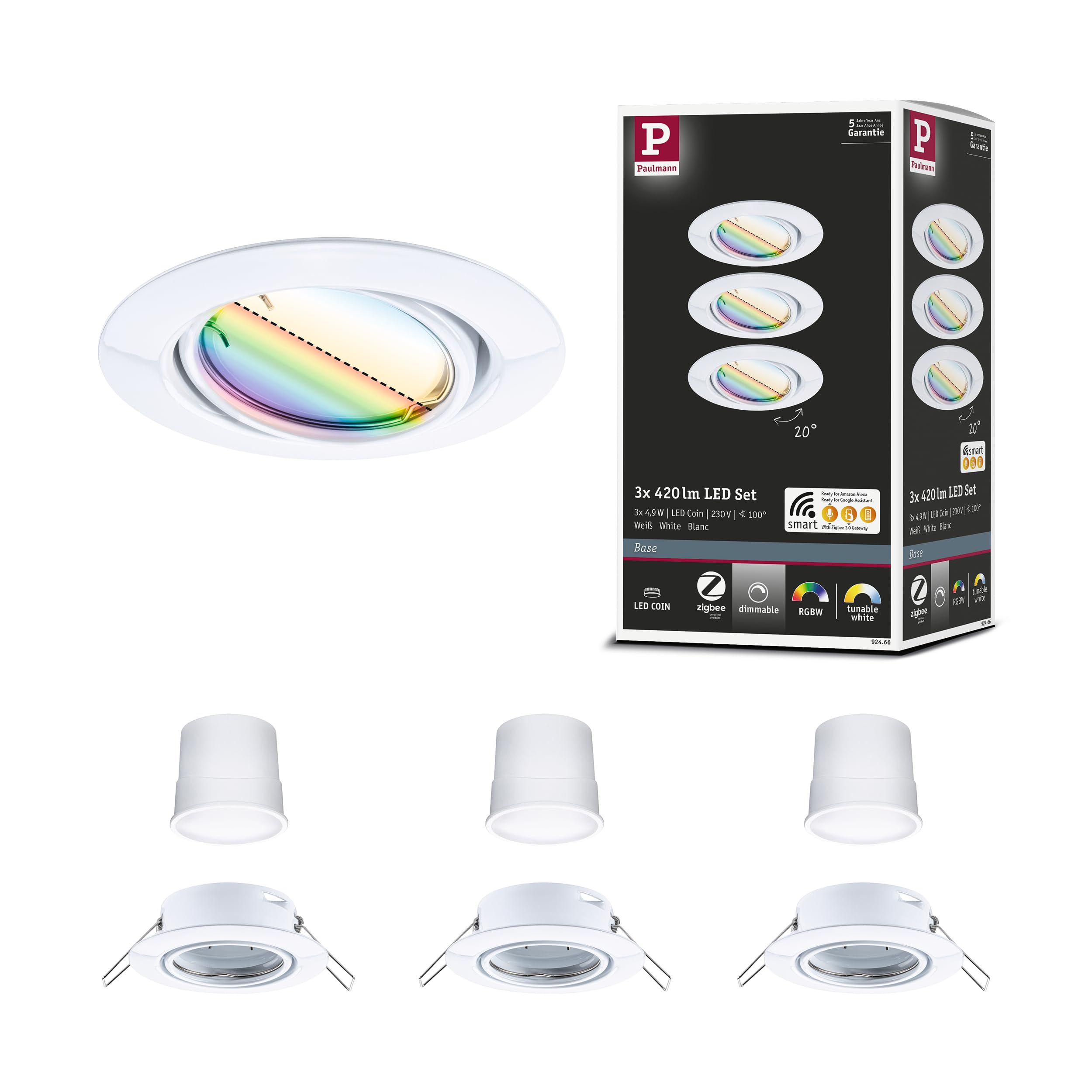 Paulmann 92466 Spot encastré LED Base Smart Home Zigbee kit de base orientable rond 230V 3x4,9W 3x420lm gradable 90 mm Blanc Métal RGBW+