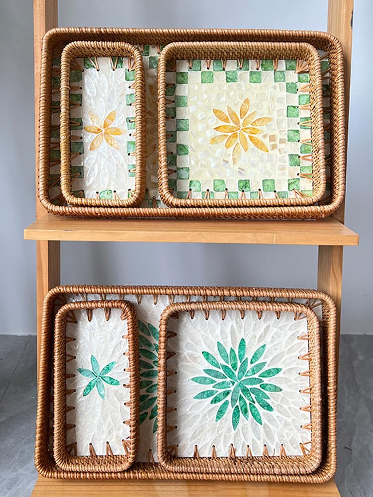 Juego de 3 bandejas cuadradas de ratán tejido con incrustaciones de nácar – Bandeja de mimbre para servir de cocina y hogar para exhibición de mesa y joyería