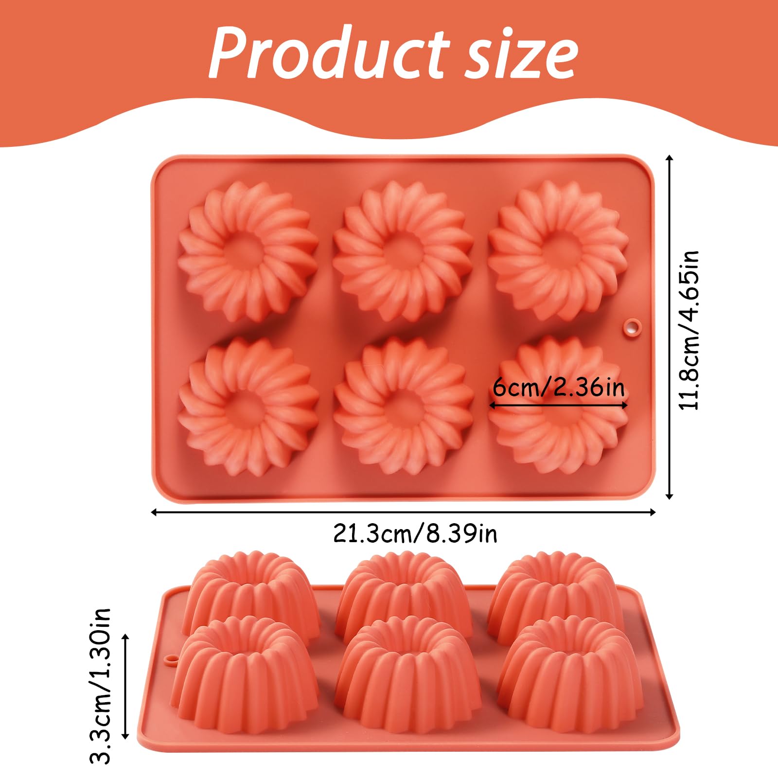 Fchil Silicone Mini Bundt Cake Pan Mold, 6-Cavity Fluted Design, Terra Cotta, Set of 2