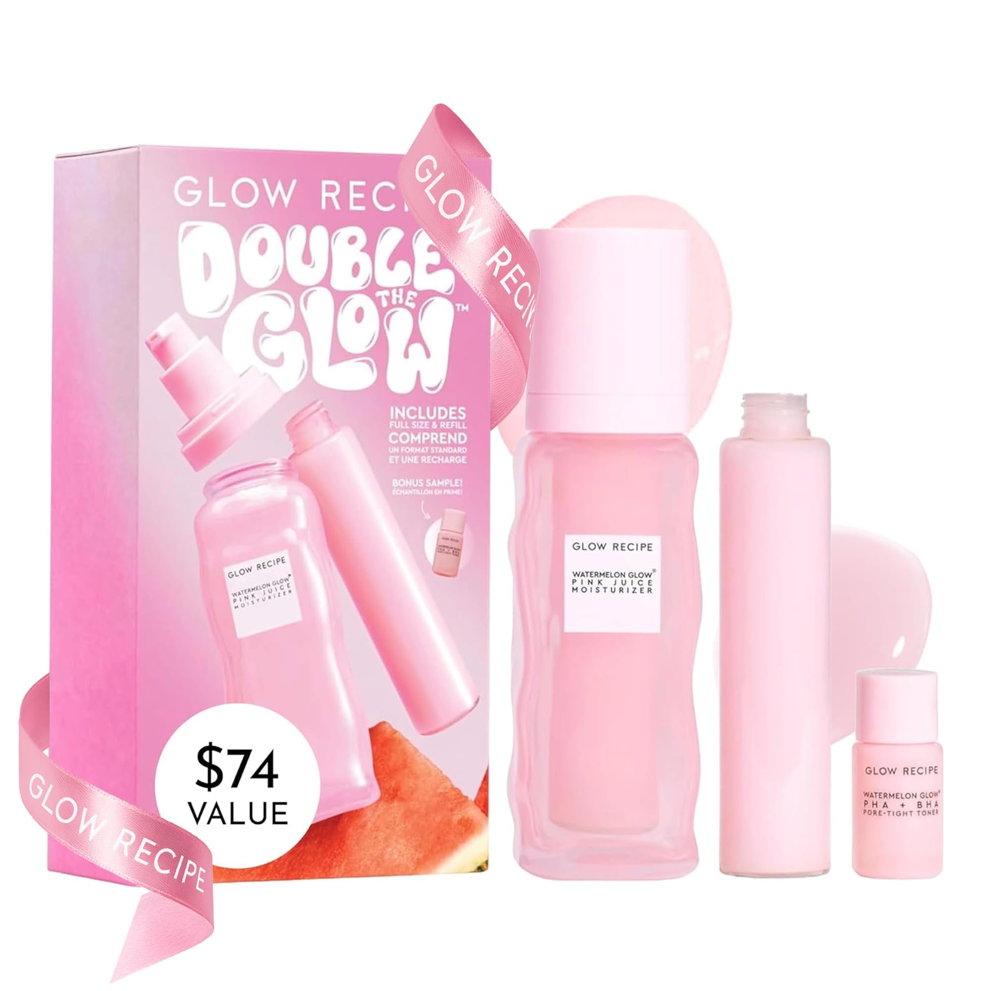 Glow Recipe Double The Glow Skincare Kit - Watermelon PHA BHA Face Toner + Full Size and Refillable Pink Juice Face Moisturizer with Hydrating Hyaluronic Acid for Dry Skin - Korean Skin Care (3 Count)