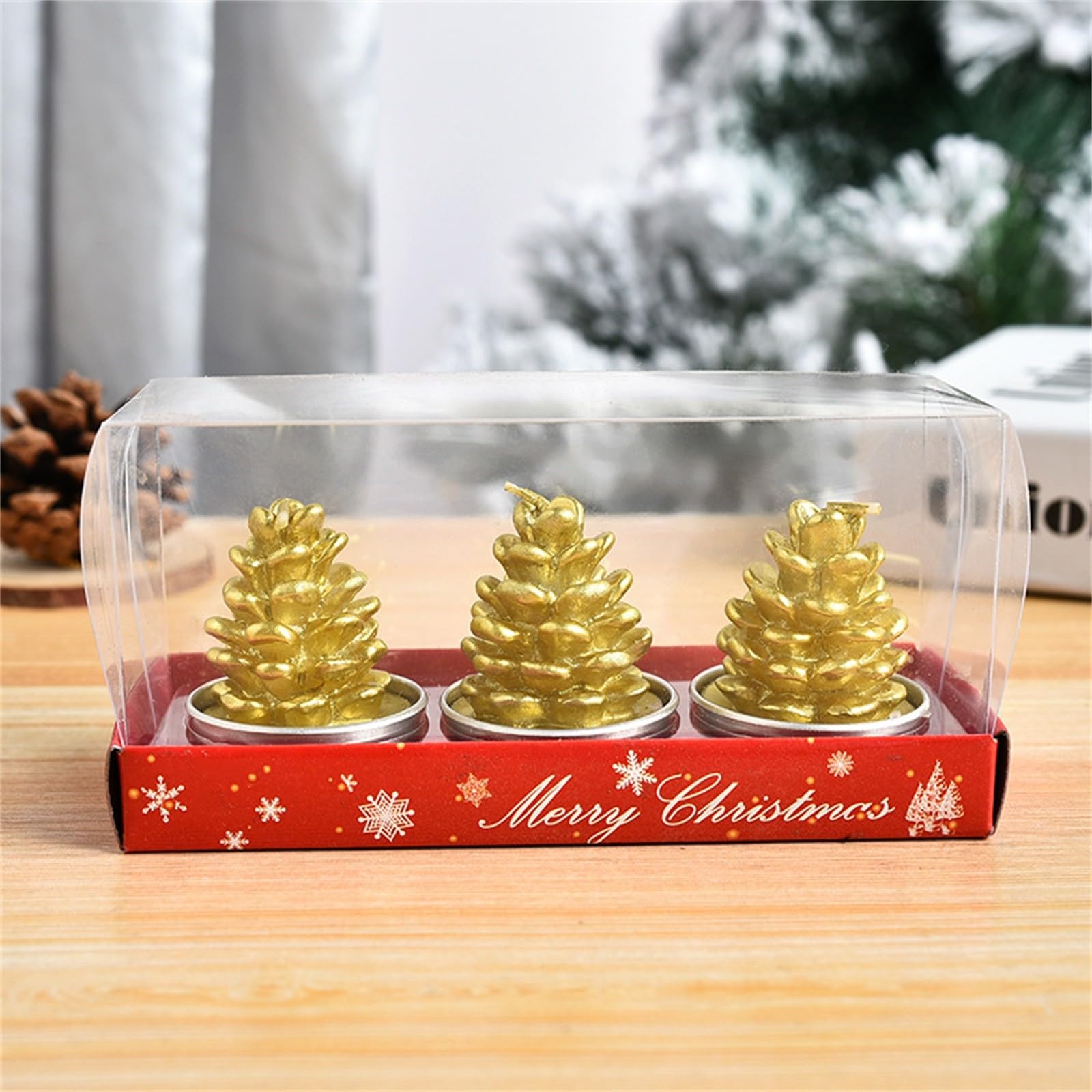 Mini Christmas Candles, Unscented Tea Light Candles with Candlesticks, Santa Claus, Snowman, Pine Cones, Christmas Tree, House Christmas Decor for Party Bedroom Table Decorations, 3pcs/Set (B)