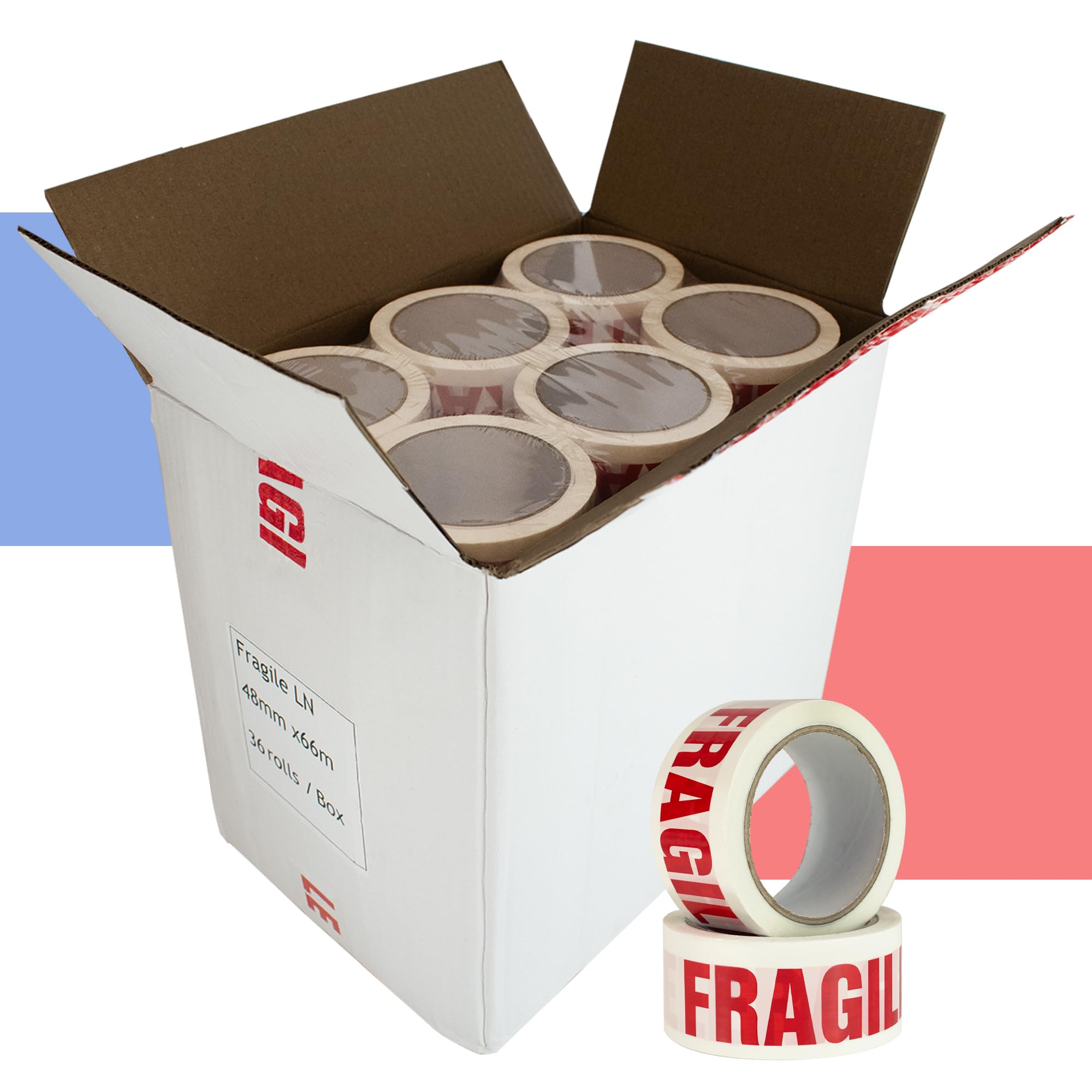 ProLoc Low Noise Packaging Tape (48mm x 66m) - Pick Colour & Qty - 2 inch Wide Strong Fragile Parcel Tape with Secure Seal & Silent Unwind for Packing Boxes & Moving House (Fragile, 72 Rolls)