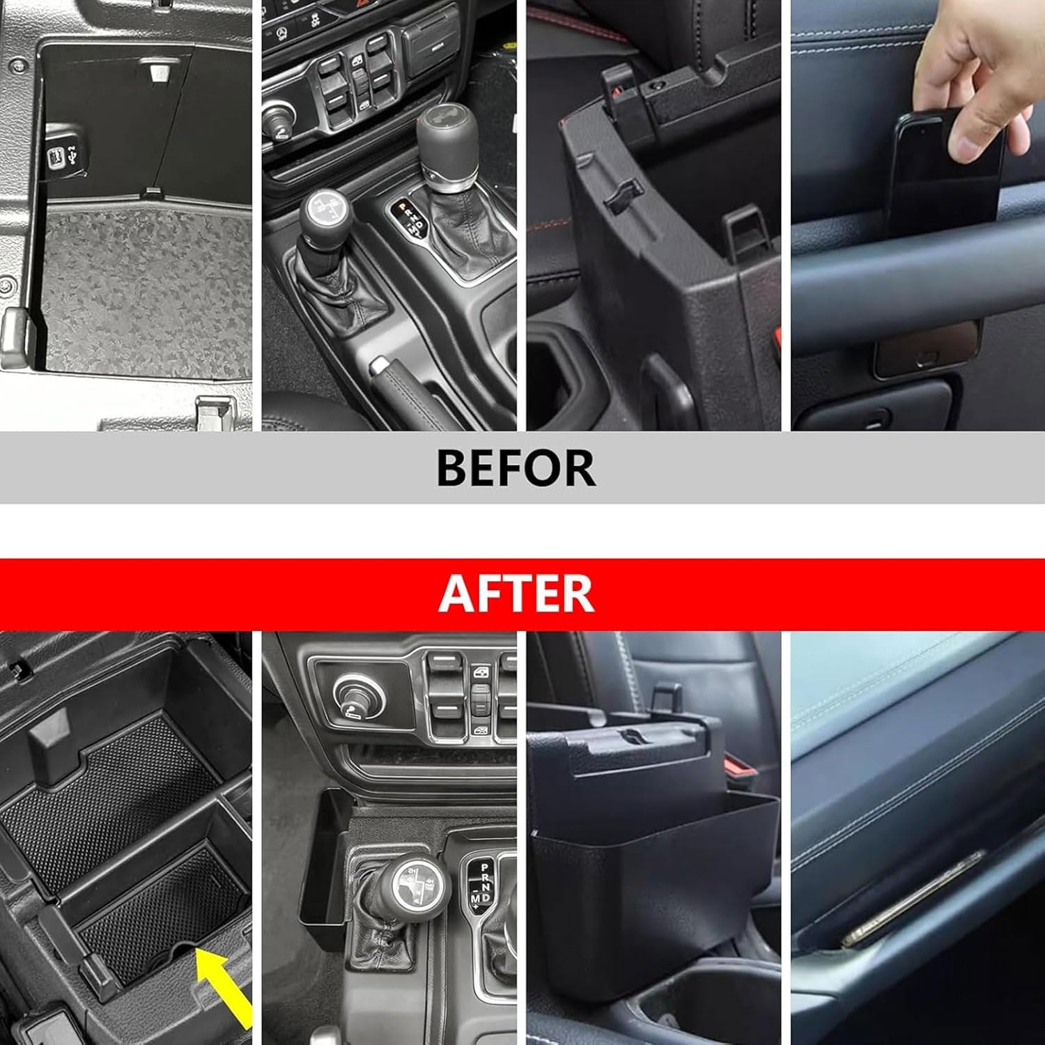 4PCS Center Console Organizer for 2018-2023 Jeep Wrangler JL JLU & Gladiator JT, Gear Shift Console Side Tray Organizer, Passenger Side Co-Pilot Organizer, Hanging Armrest Storage Box