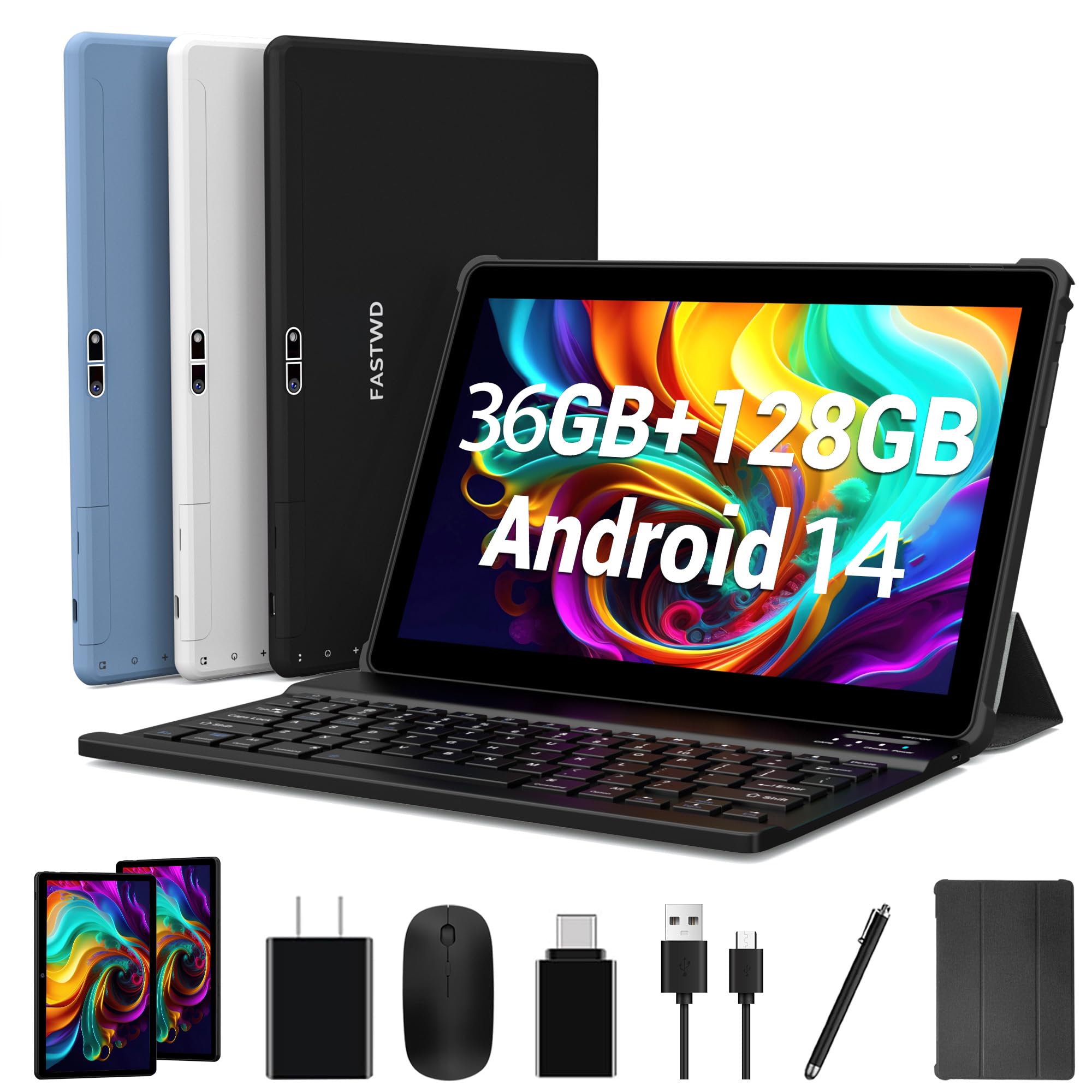 FASTWD 2025 Newest Tablet 10 Pollici Android 14,Tablet PC 5G WiFi 36GB RAM+128GB ROM (1TB TF),Batteria 8000mAh,Tablet 2 in 1 con tastiera,penna,mouse,Gris