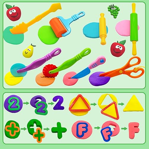 Miniatura 3 de Dough Tools - Juego de 55 herramientas de juego de masa para niños, cortador de formas de números de alfabeto de plástico, rodillos, tijeras