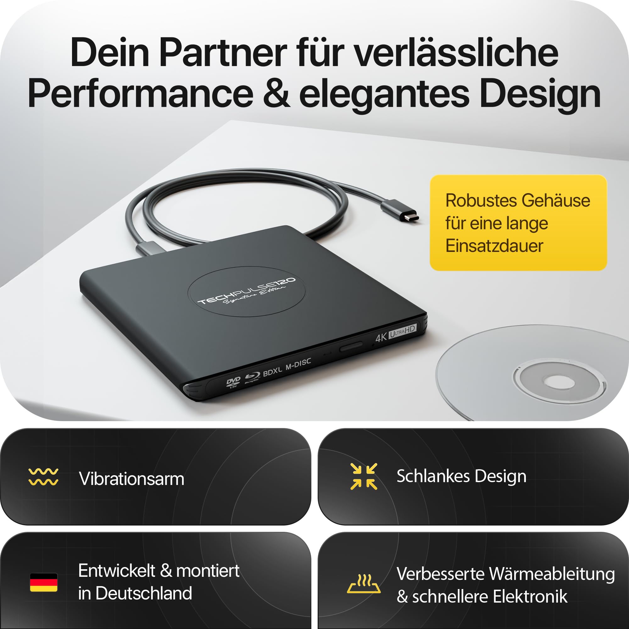 techPulse120 Unidad externa USB 3.1 USB-C UHD 4K 3D M-DISC Blu-ray DVD CD HDR10 128GB Unidad Grabadora Burner Signature Paquete Bolsa 90 cm Cable de conexión Aluminio (Negro)
