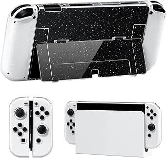 JINGDU Protective Case Compatible with Nintendo Switch OLED 2021, Transparent Glitter Switch OLED Hard Case, Joycon Split Design, Anti-Fall and Shock Absorption, with 4 Thumb Grip Crystal Glitter