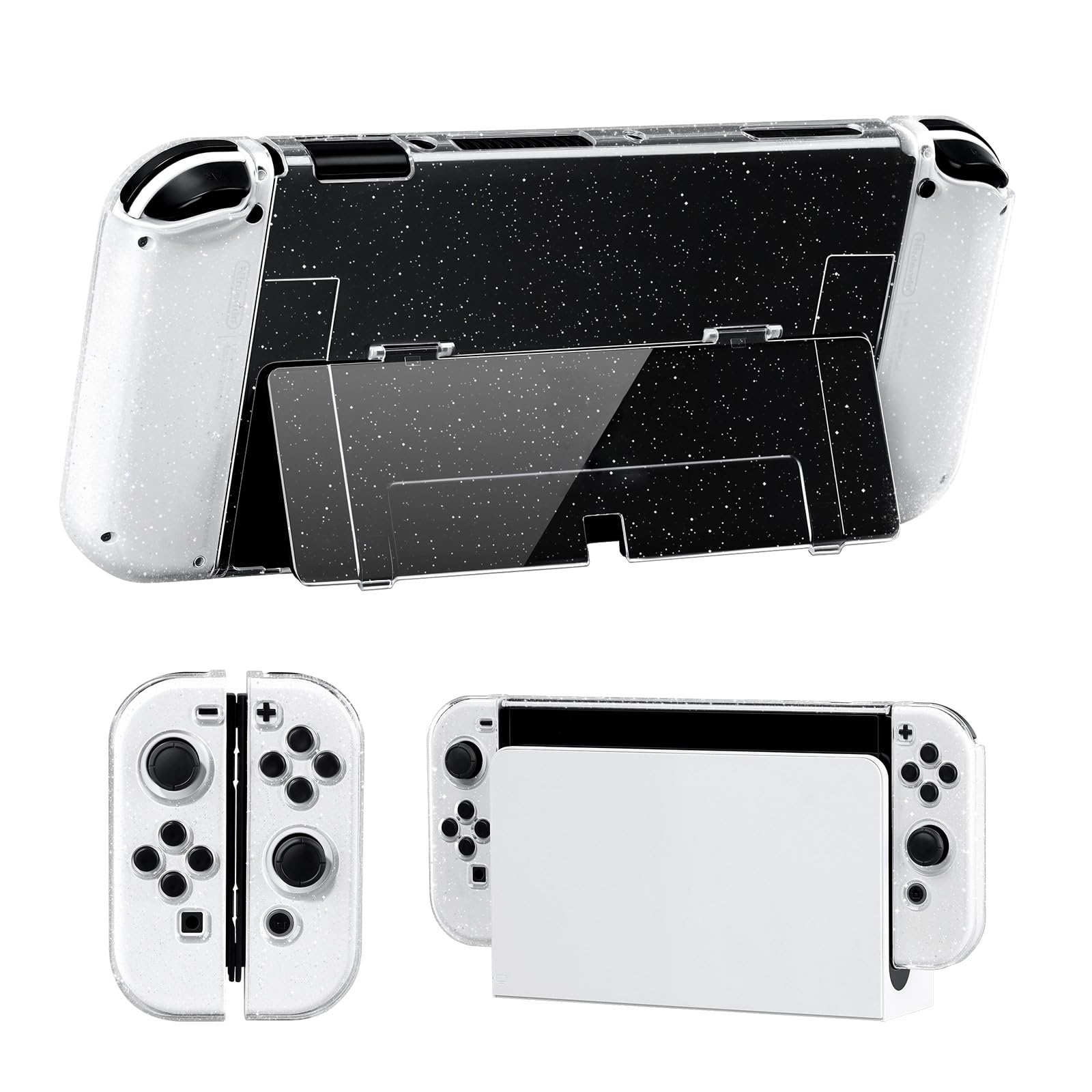 JINGDU Protective Case Compatible with Nintendo Switch OLED 2021, Transparent Glitter Switch OLED Hard Case, Joycon Split Design, Anti-Fall and Shock