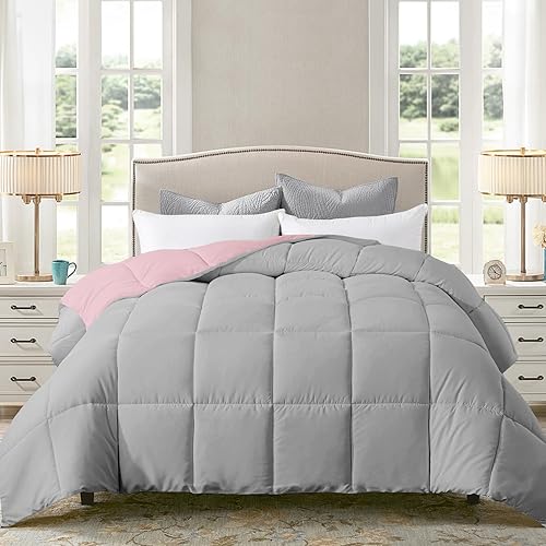 Miniatura 9 de ELNIDO QUEEN Relleno de edredón de tamaño matrimonial, edredón alternativo acolchado para todas las estaciones, color rosa y gris claro, ligero,