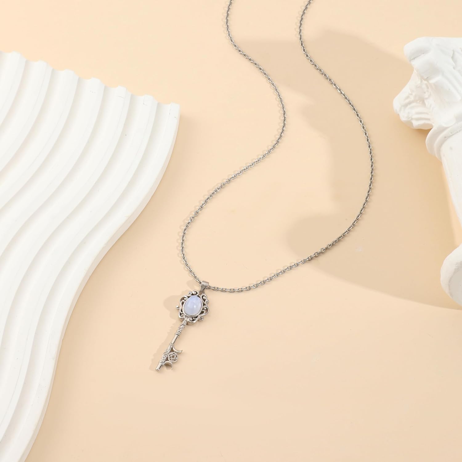 Natural Moonstone Crystal Key Necklace for Women, Retro Triple Moon Key Healing Crystal Wiccan Pagan Jewelry Gift - Image 3
