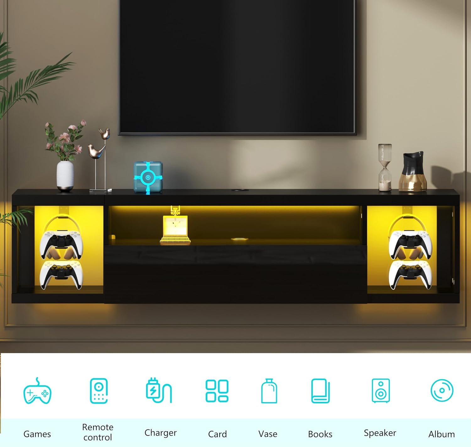 SogesHome Black Wall Mounted TV Stand with Storage Shelf, 55 inch Floating Wall TV Cabinet Stand with LED Lights,Modern Entertainment Center Media Console Table with Headphone Hooks