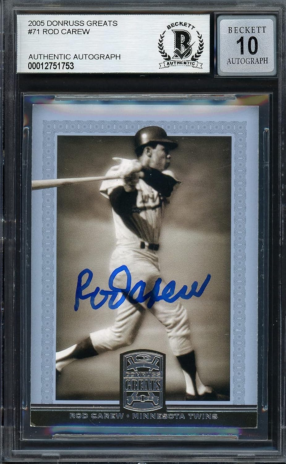 Rod Carew Autographed 2005 Donruss Greats Card #71 Auto Grade Gem Mint 10 Beckett BAS #12751753