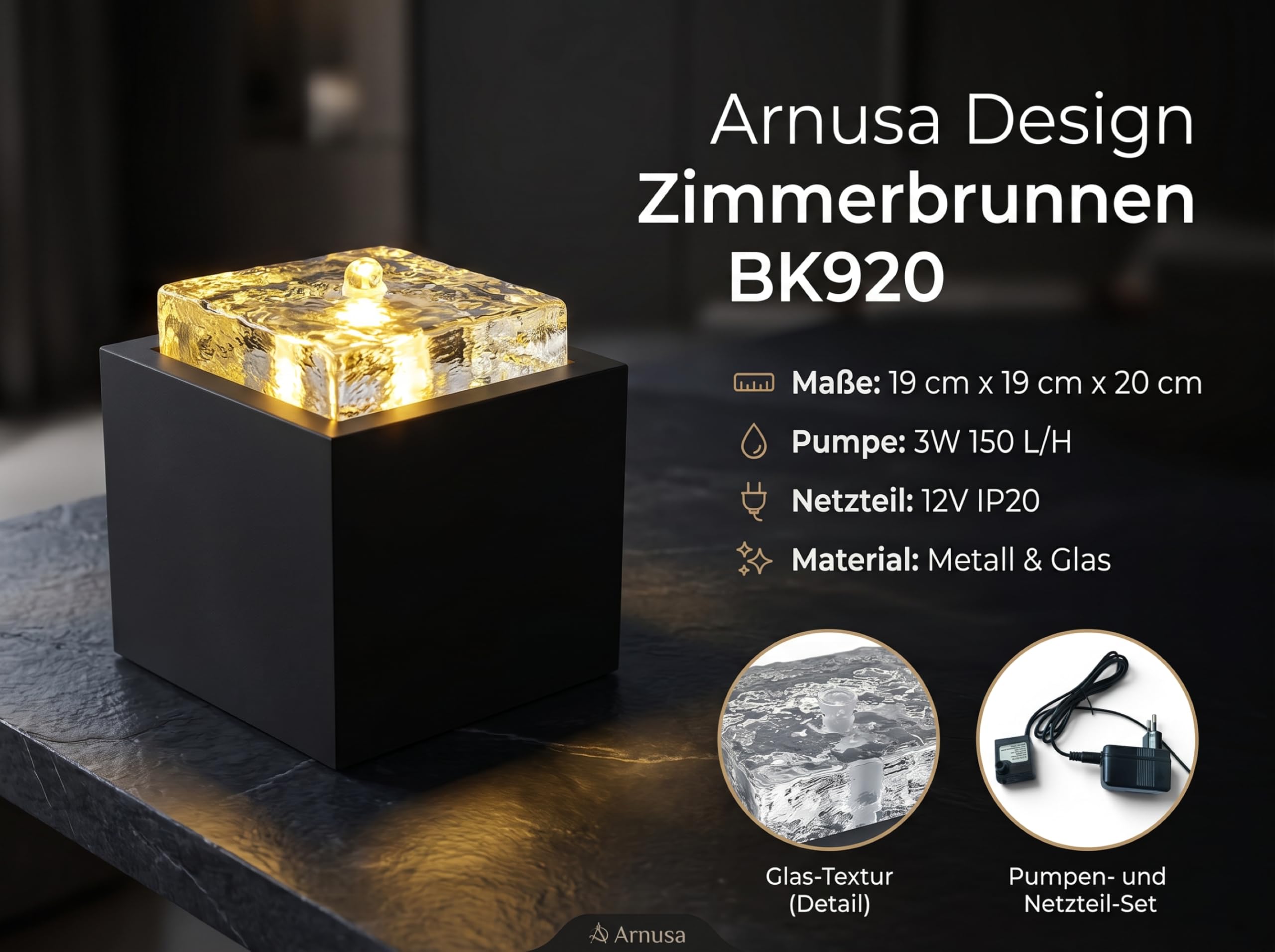 Design Zimmerbrunnen BK920 – LED Tischbrunnen modern, Springbrunnen mit Glasblock in Eisoptik, 3W, warmweißes Licht, Deko Wohnzimmer Büro, Metall Glas 19x19x20 cm