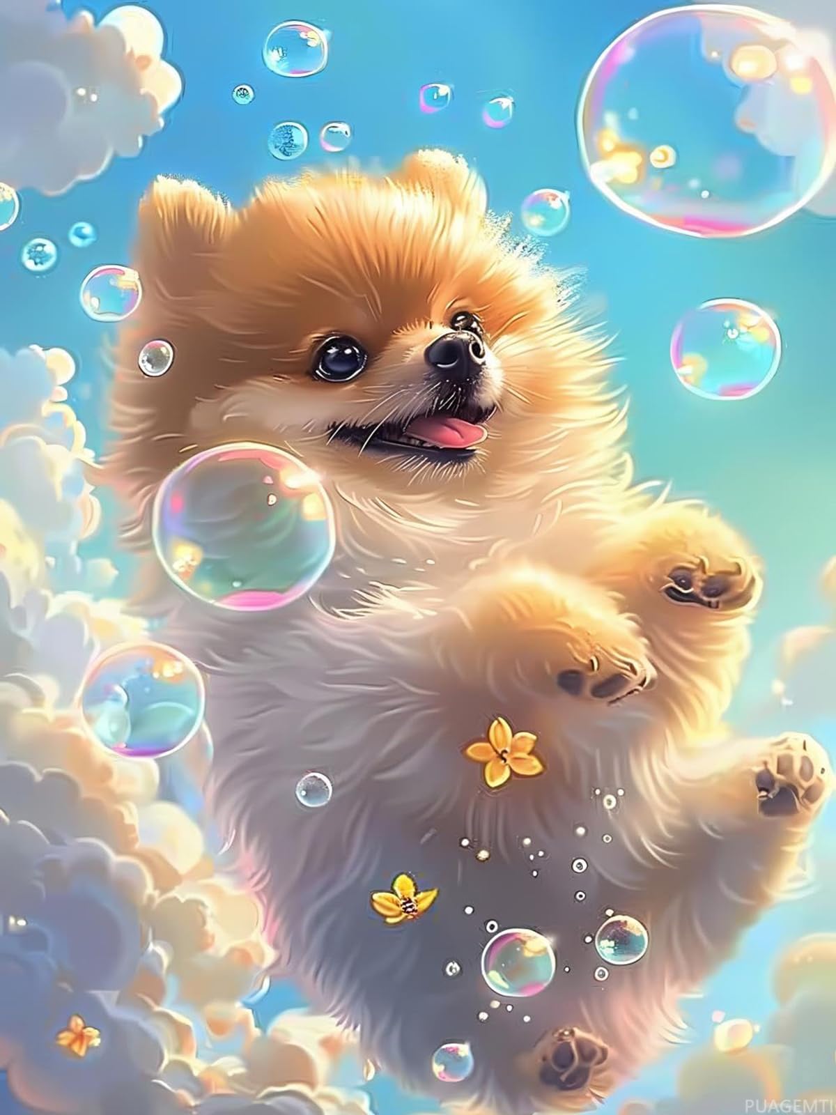 PUAGEMTI Bubbles and Pomeranian Funny Diamond Painting Kit per adulti fai da te Full Drill Diamond Art Pomerania 5D Diamond Dots Kit pittura artigianato per la decorazione della casa 30,5 x 40,6 cm