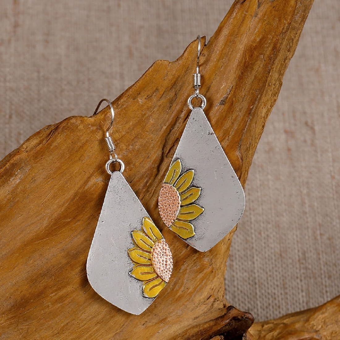 Boho Earrings for Women Trendy, Silver White Bohemian Sunflower Dangle Ethnic Statement Big Earrings for Holiday Jewelry gifts. - Image 3