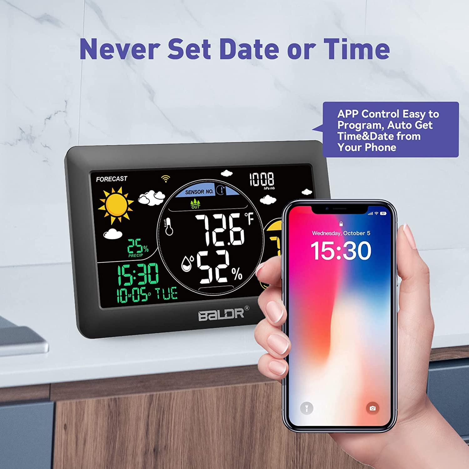 Affichage de la station météo avec réglage automatique de l'heure et de la date via l'application