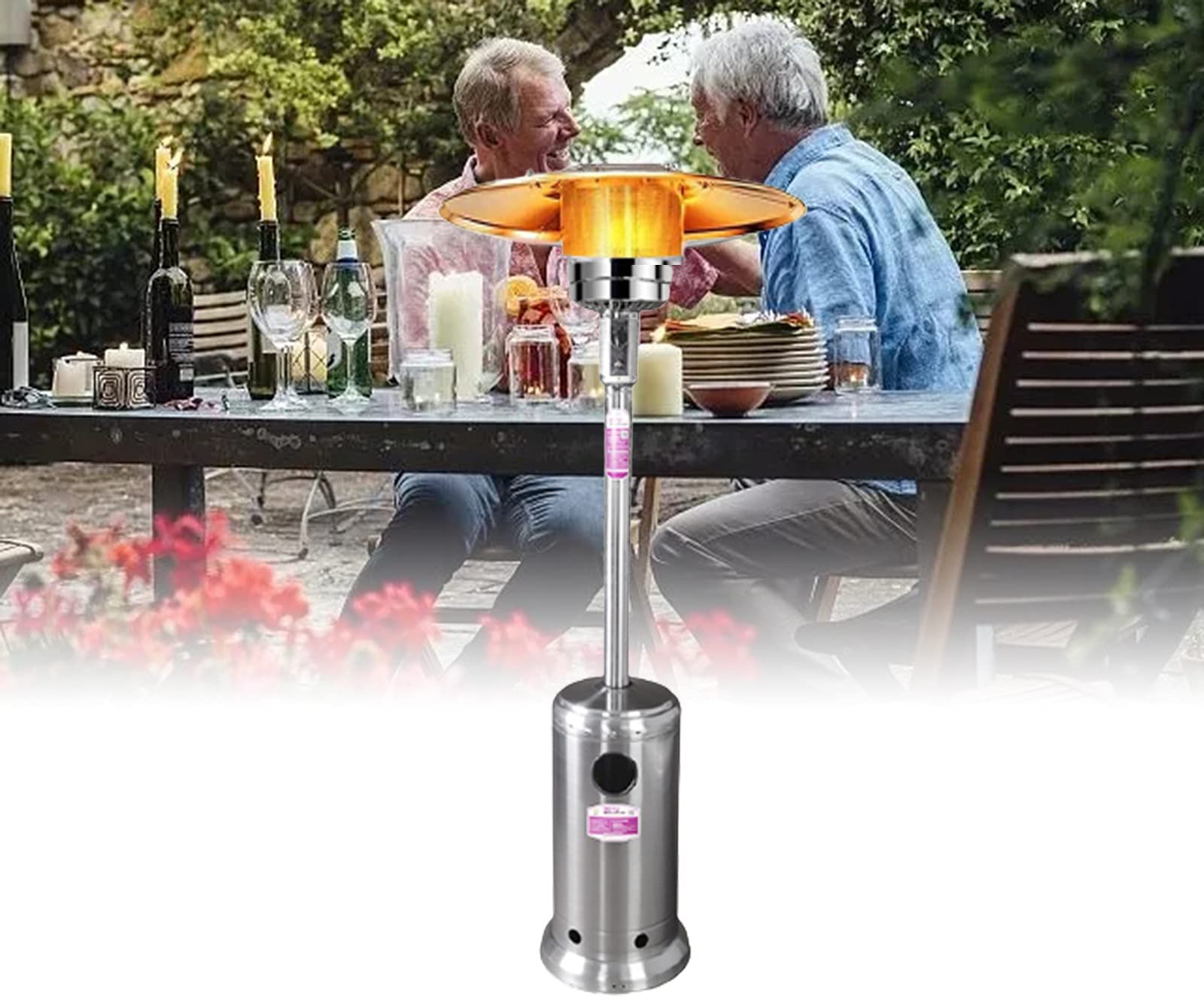 Riscaldatore per Patio Esterno con Ruote, Riscaldatore A Propano per Ombrellone, 46000 BTU con Certificazione ETL, Riscaldatore A Propano Liquido da Pavimento in Acciaio Inossidabile Silver