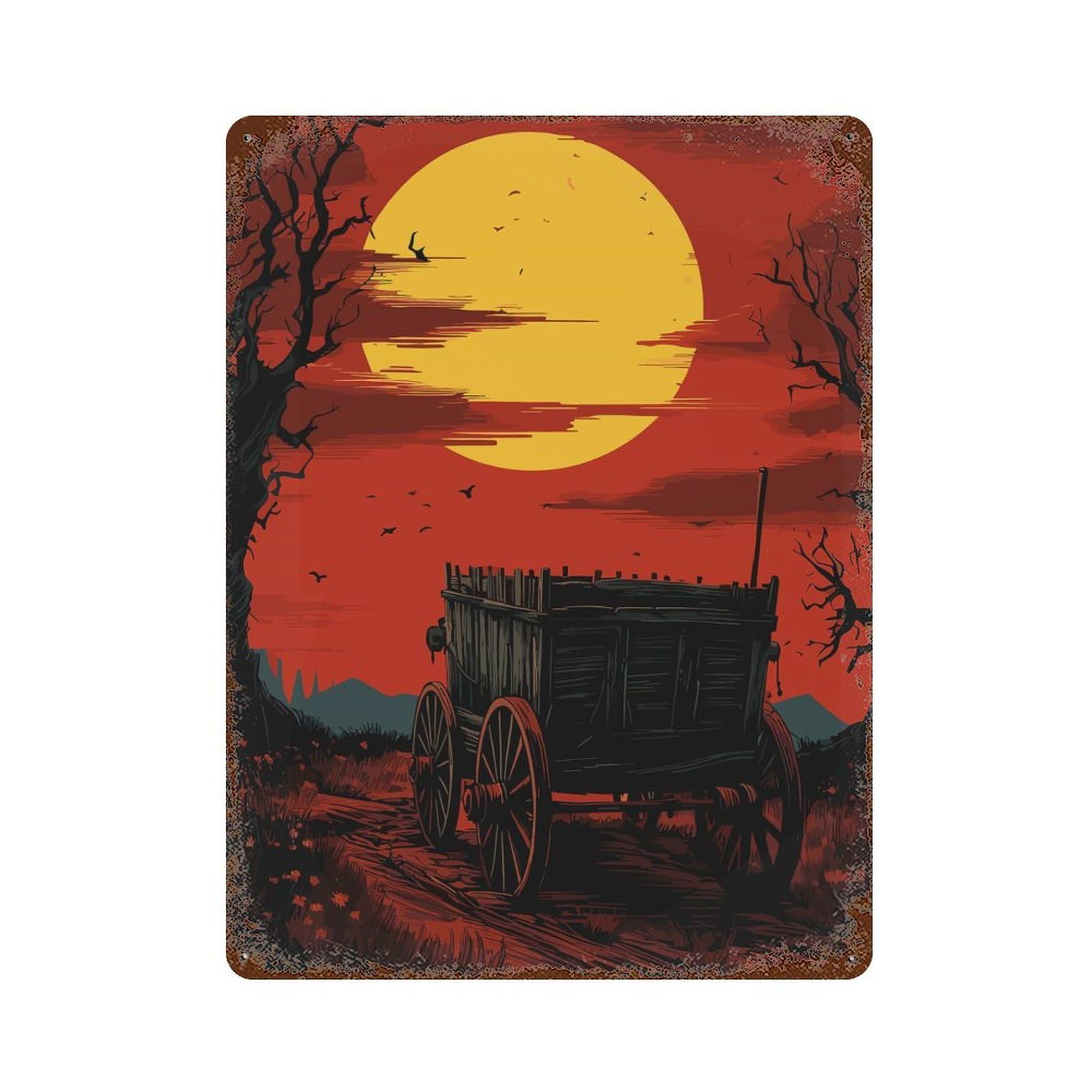 Spooky Wagon Under A Full Moon Rusty Metal Tin Sign 15.7"x11.8", Ideal for Farmhouse, Kitchen And Entryway Decor