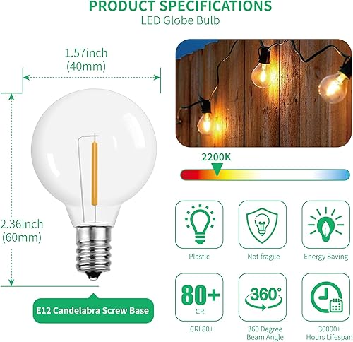 Miniatura 2 de Meconard Bombillas LED G40 de repuesto, bombillas LED inastillables de 1.57 pulgadas y 1 vatio, para cadena de luces interiores y exteriores,