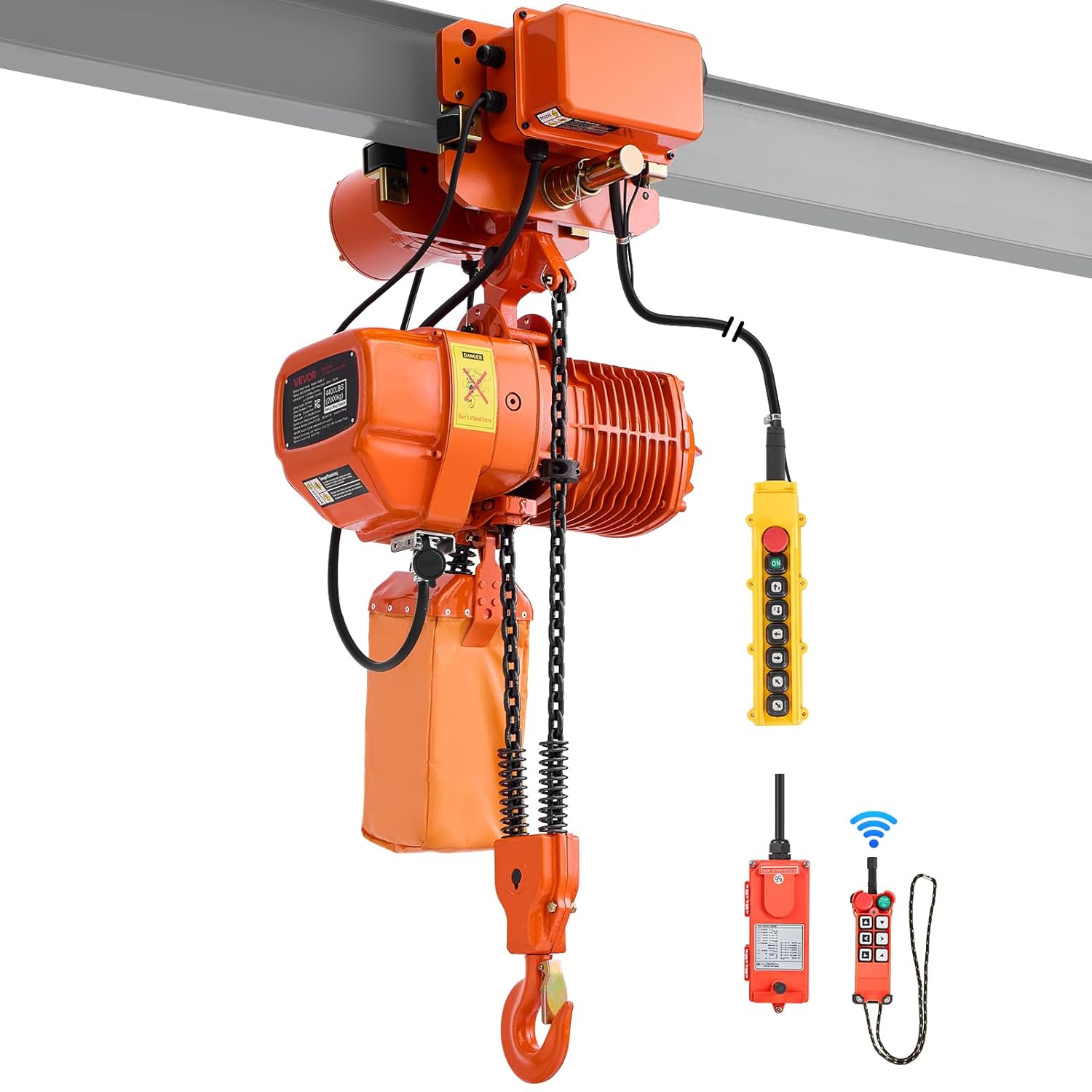 VEVOR 4400lbs Electric Chain Hoist with Power Trolley, 2-Speed Operation, 20ft Lifting Height, 3-Phase 208-240V/440-480V Overhead Crane w/ 328ft Wireless & 16ft Wired Remote Control G100 2-Chain Hoist