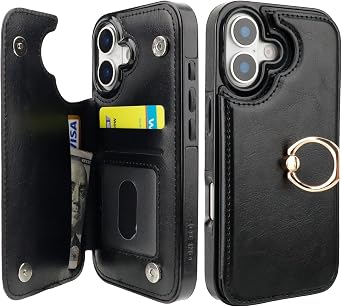 ONETOP for iPhone 17 Wallet Case with Card Holder, 360 Rotation Ring Kickstand RFID Blocking PU Leather Double Magnetic Clasp Shockproof Cover for Women and Girls 6.3 Inch Black