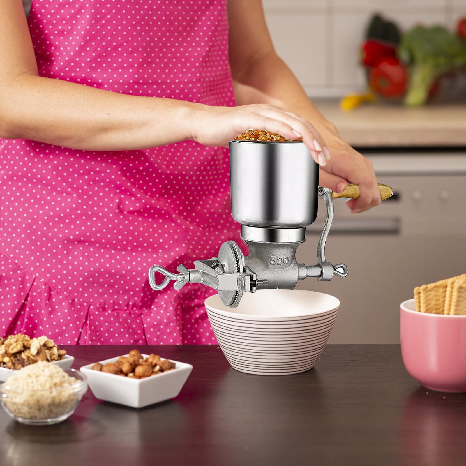 Molinillo de Cereales Manual con 13cm Tolva Grande & 4cm Abrazadera de Mesa,Finura de Molienda Ajustable,Molino de Mano de Hierro Fundido,para Nuez,Café,Grano,Semillas,Maíz,Especias