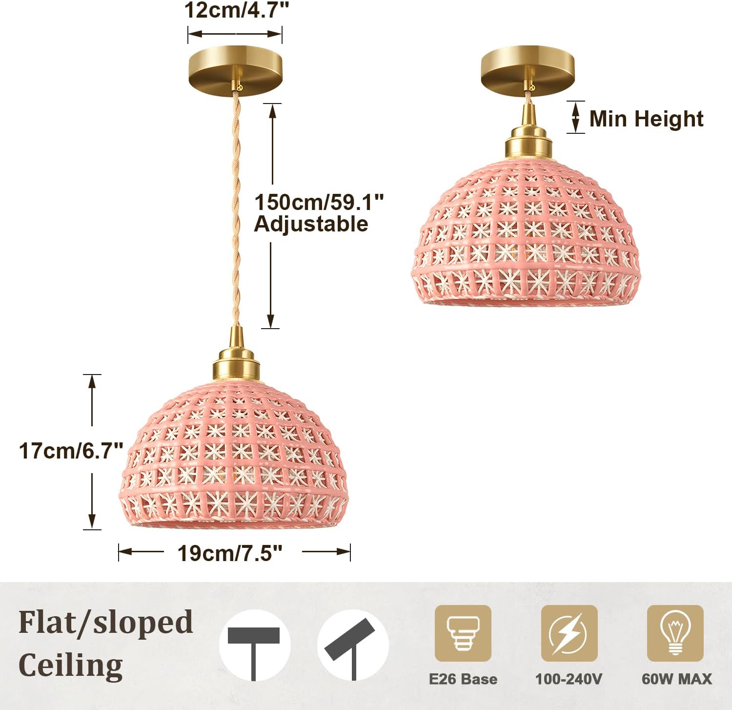Pink Ceramic Pendant Light Farmhouse Brass Finish Modern Pendant Light Minimalist Style Ceiling Hanging Lamp for Kitchen Island Bedroom Bedside…