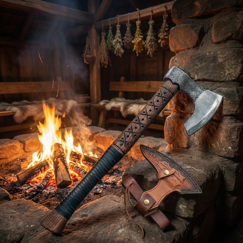 Kacha Store | Custom Handmade Viking Medieval Ax with Gift,Hand Axes,Viking Gifts for Men,Camping Tomahawk,Bearded,Valhalla Axe with Leather Sheath (Battle Axe) (Ragnar Ax)