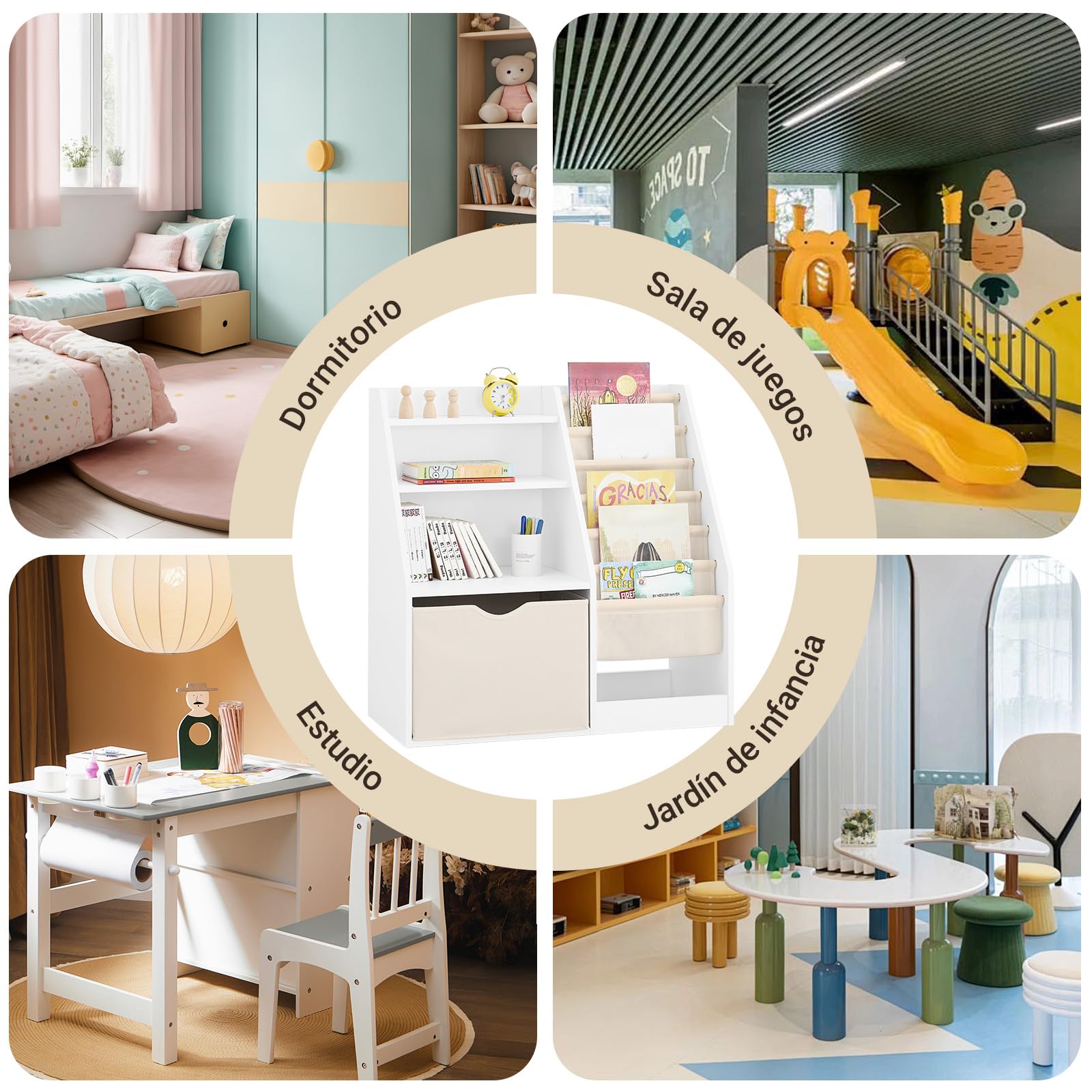 SoBuy Libreria Infantil Montessori con 6 Bolsillos Tela 80x40x80cm | Estanteria Libros Infantil con Almacenaje Juguetes, 3 Estantes y 1 Cajón de Tela, Mueble Infantil, Blanco, KMB119-W