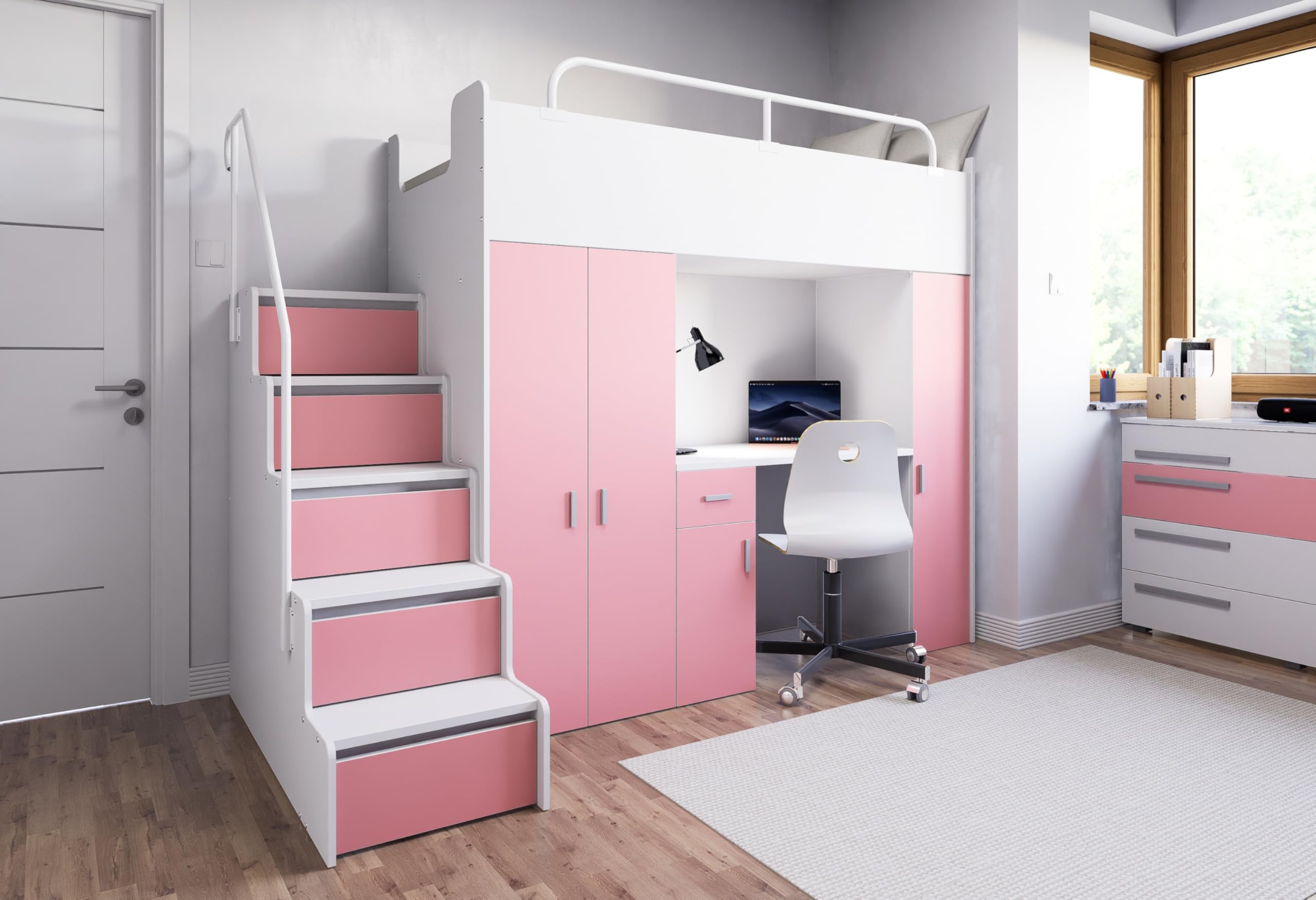 Hochbett Kinderbett JSM-5 80x190 mit Kleiderschrank Schreibtisch und Treppe Matt Etagenbett Stockbett Jugendhochbett (Rosa)