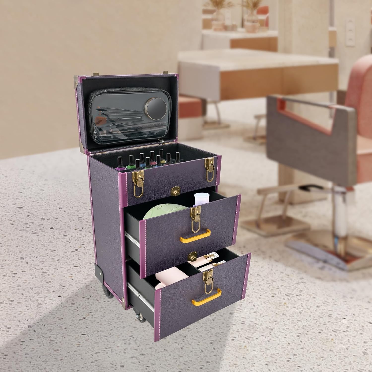 Rolling Makeup Case Large Capacity Cosmetic Case Trolley Hand-held/Hand-pulled Make Up Organizer Box Suitcase Cosmetic Trolley Makeup Suitcase W/Lock & Silent Universal Wheels (Purple Bronze)