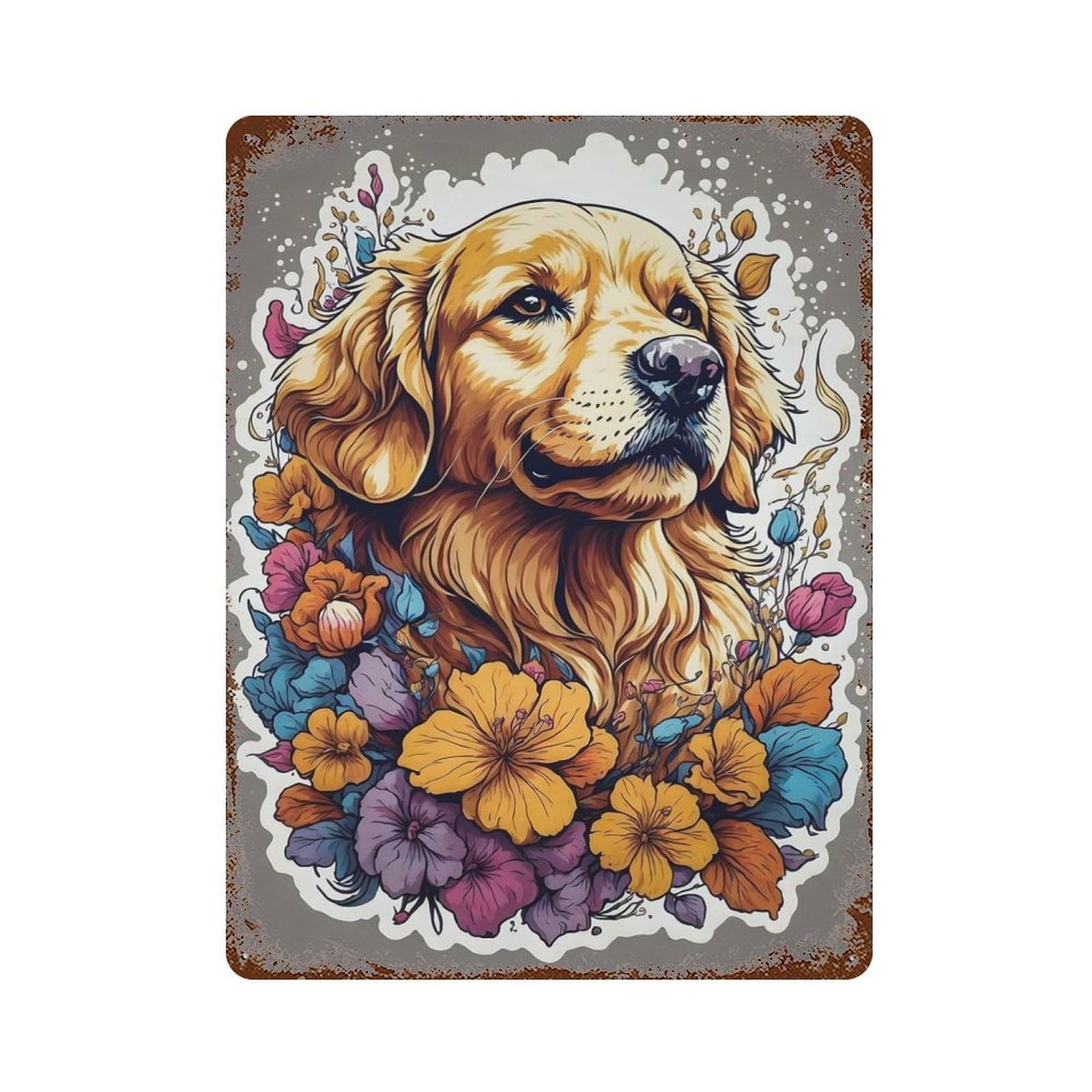 Golden Retriever Flowers Decorative Tin Sign 15.7"x11.8", Old School Wall Decor for Garage, Pub Or Kitchen