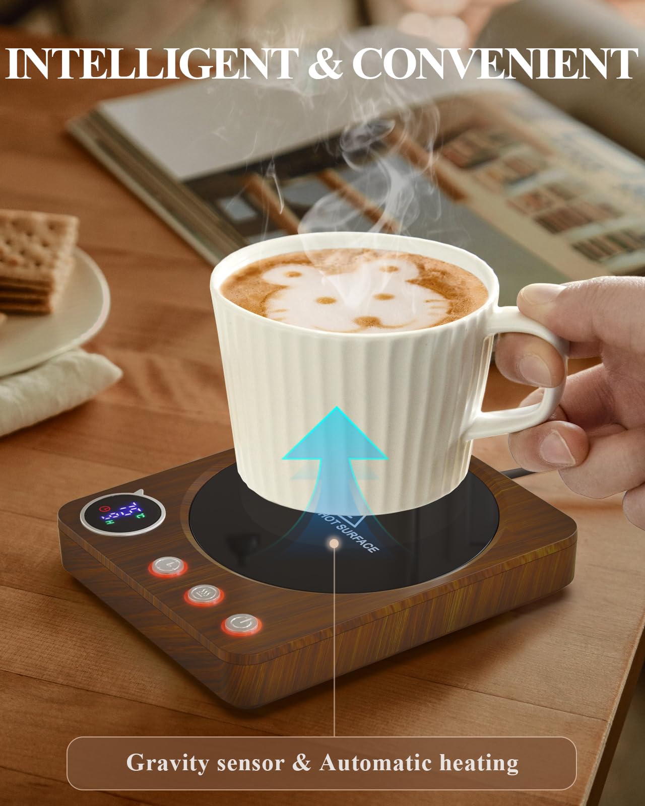 HOMEASY Calentador de Tazas, 30W para Tazas Eléctrico con 3 Configuraciones de Temperatura 4H Apagado Automático para Escritorio Agua Caliente Té Leche Calentador Regalo Marrón